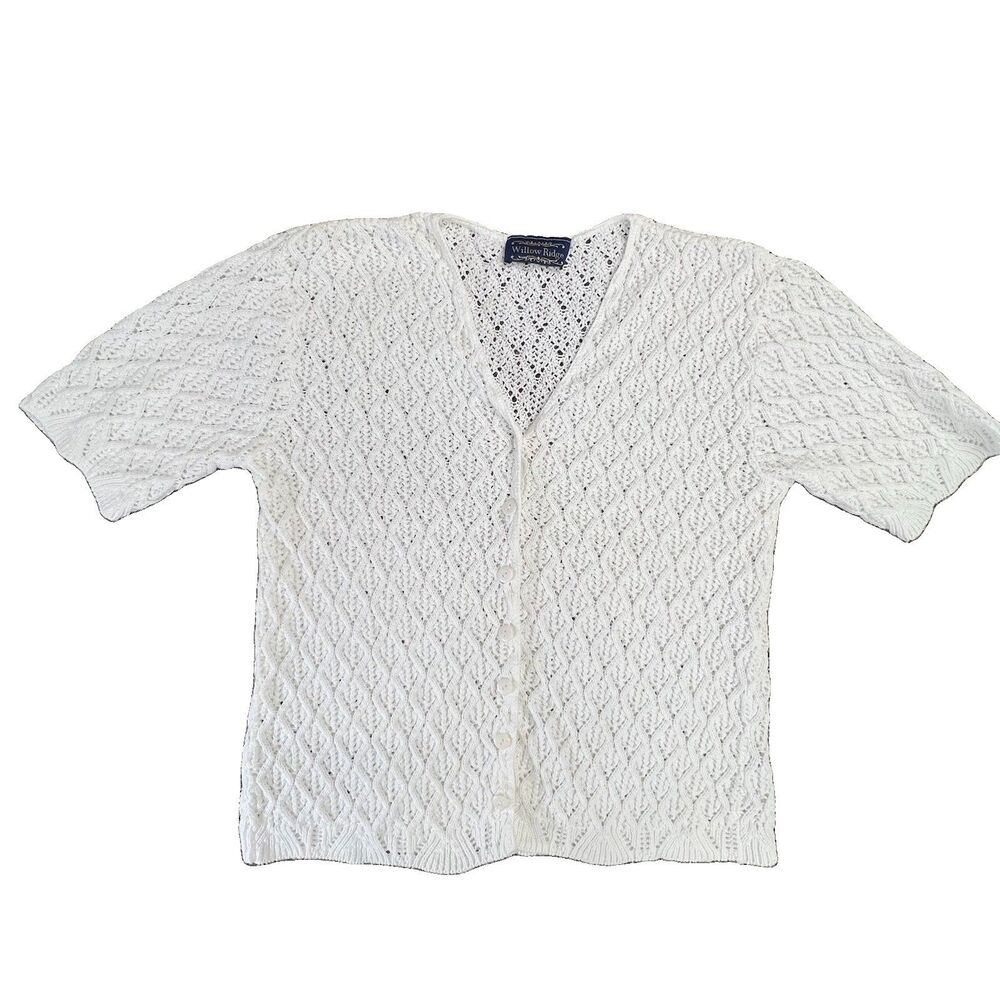Vintage Women's Crochet Cardigan Ivory White Cotton USA Short Sleeve sweater L